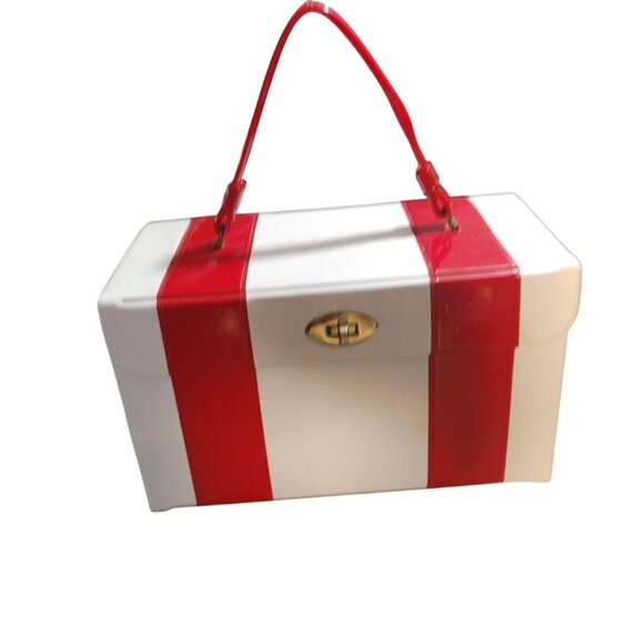 MCM Vinyl Handbag Vintage 1950s White Red Turn Lock Closure Handle Storage Case - Picture 16 of 16